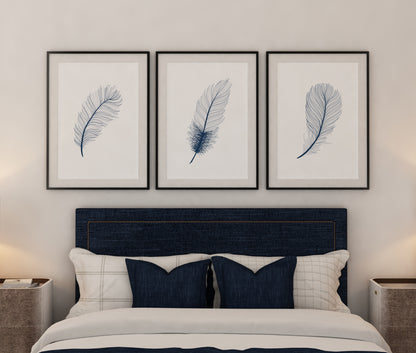 Set of 3 Blue Feather Wall Prints