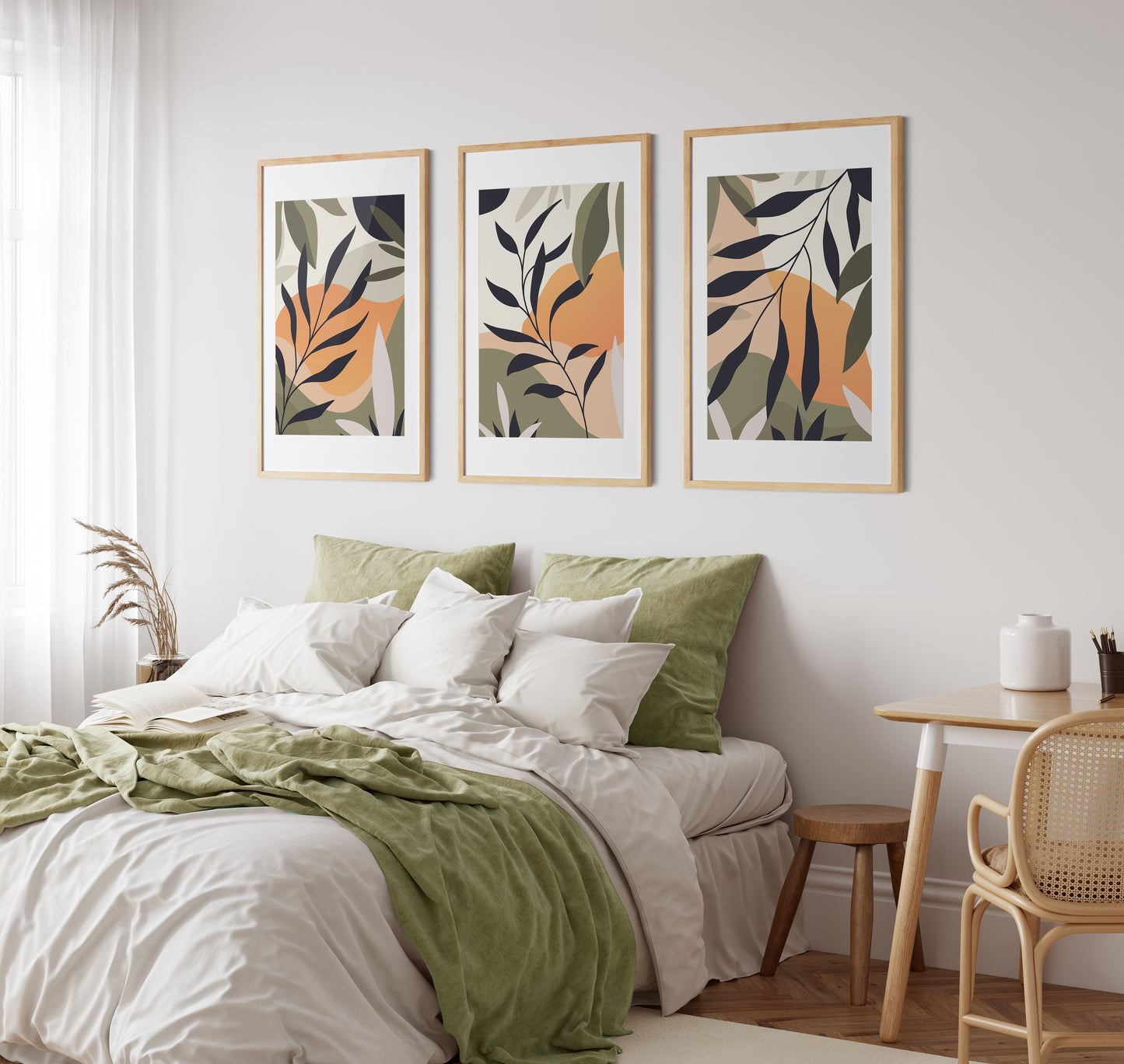 Set of 3 Green & Orange Botanical Wall Prints