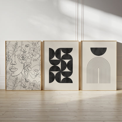 Set of 3 black and beige watercolour boho Prints