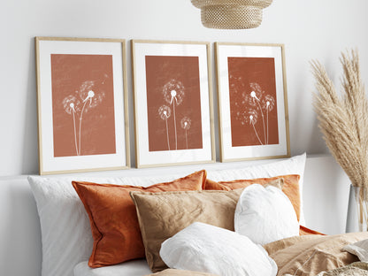 Set of 3 Terracotta Dandelion Wall Art Prints