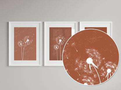 Set of 3 Terracotta Dandelion Wall Art Prints