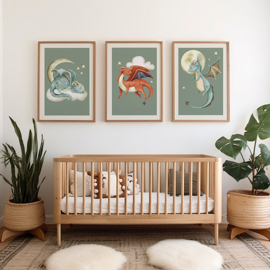 Set of 3 Sage Green Boys Dragon Wall Prints