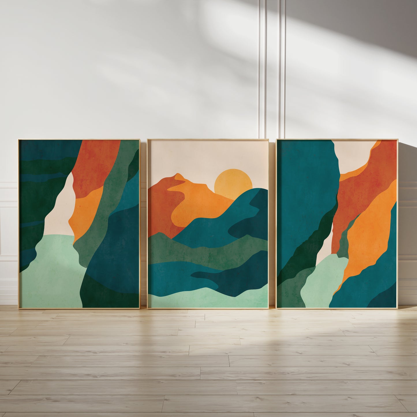 Set of 3 Teal Blue Boho Landscape Wall Prints