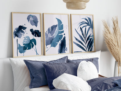 Set of 3 Blue Leaf Abstract Wall Prints