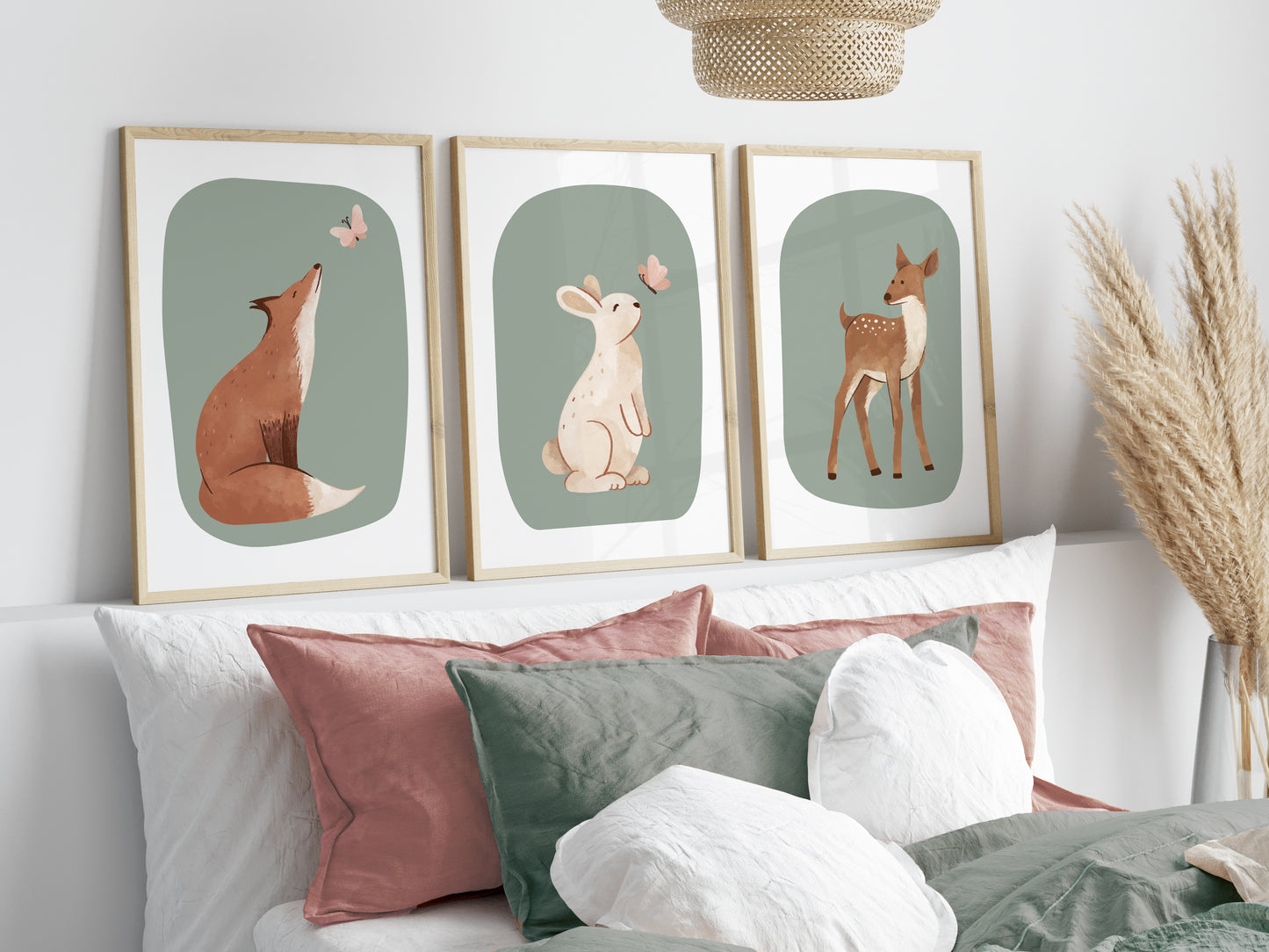 Set of 3 Sage Green Woodland Animal Nursery wall Prints
