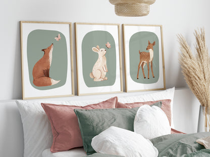 Set of 3 Sage Green Woodland Animal Nursery wall Prints