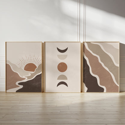 Set of 3 Brown Boho Wall Art Prints