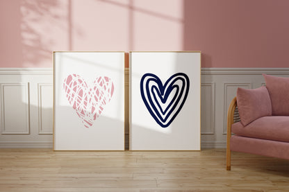Set of 2 Pink & Navy Blue Love Heart Bedroom Wall Prints