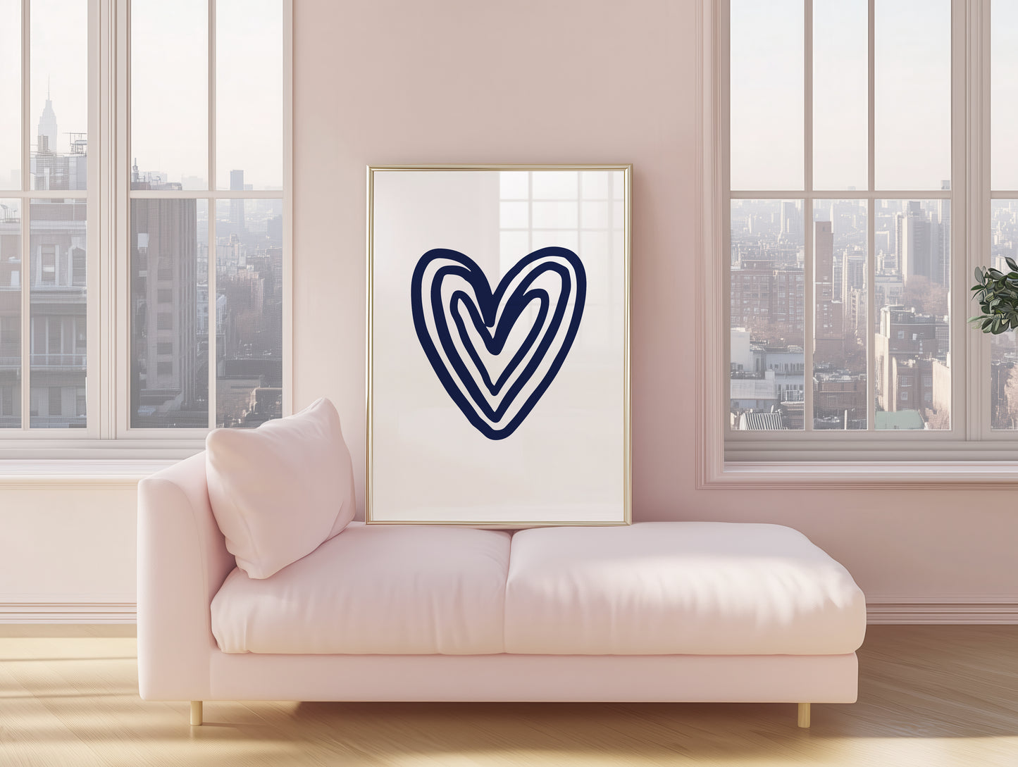 Set of 2 Pink & Navy Blue Love Heart Bedroom Wall Prints