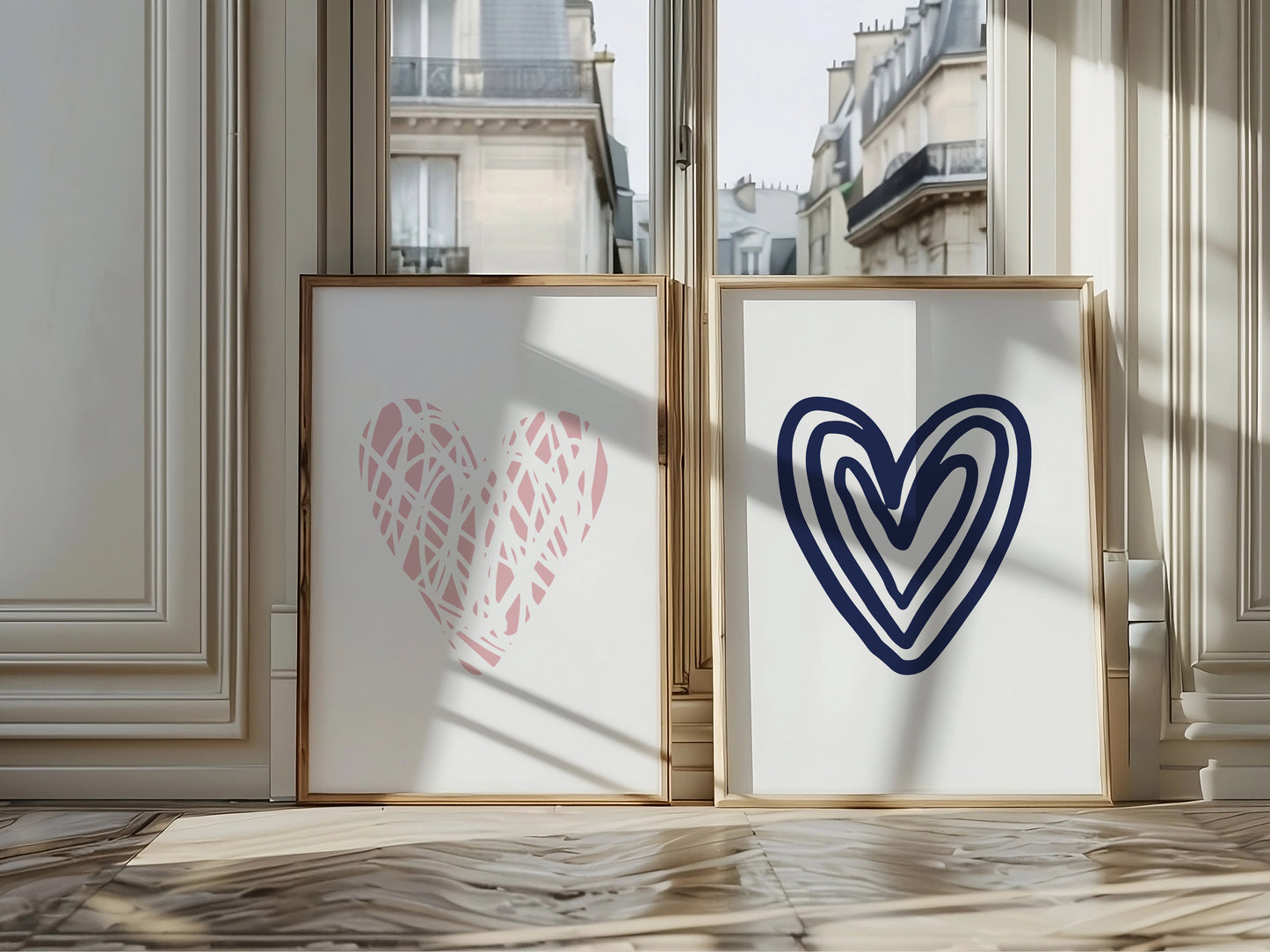 Set of 2 Pink & Navy Blue Love Heart Bedroom Wall Prints