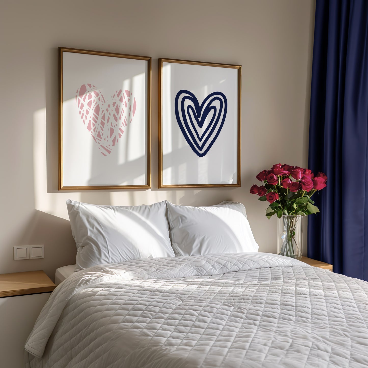 Set of 2 Pink & Navy Blue Love Heart Bedroom Wall Prints