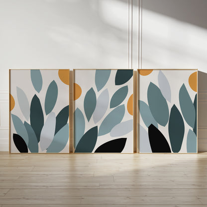 Set of 3 Teal & Mustard Abstract Leaf Prints