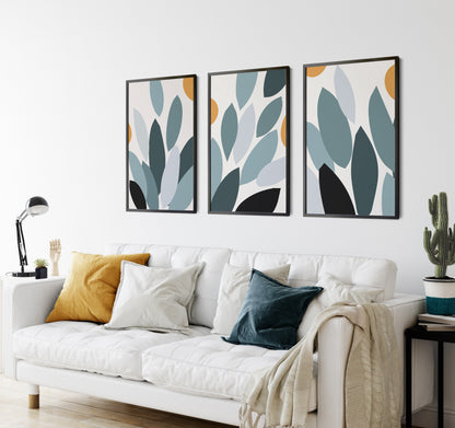 Set of 3 Teal & Mustard Abstract Leaf Prints