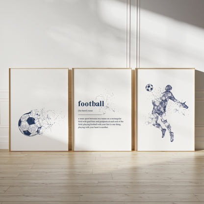 Set of 3 blue abstract Football Wall Art Prints