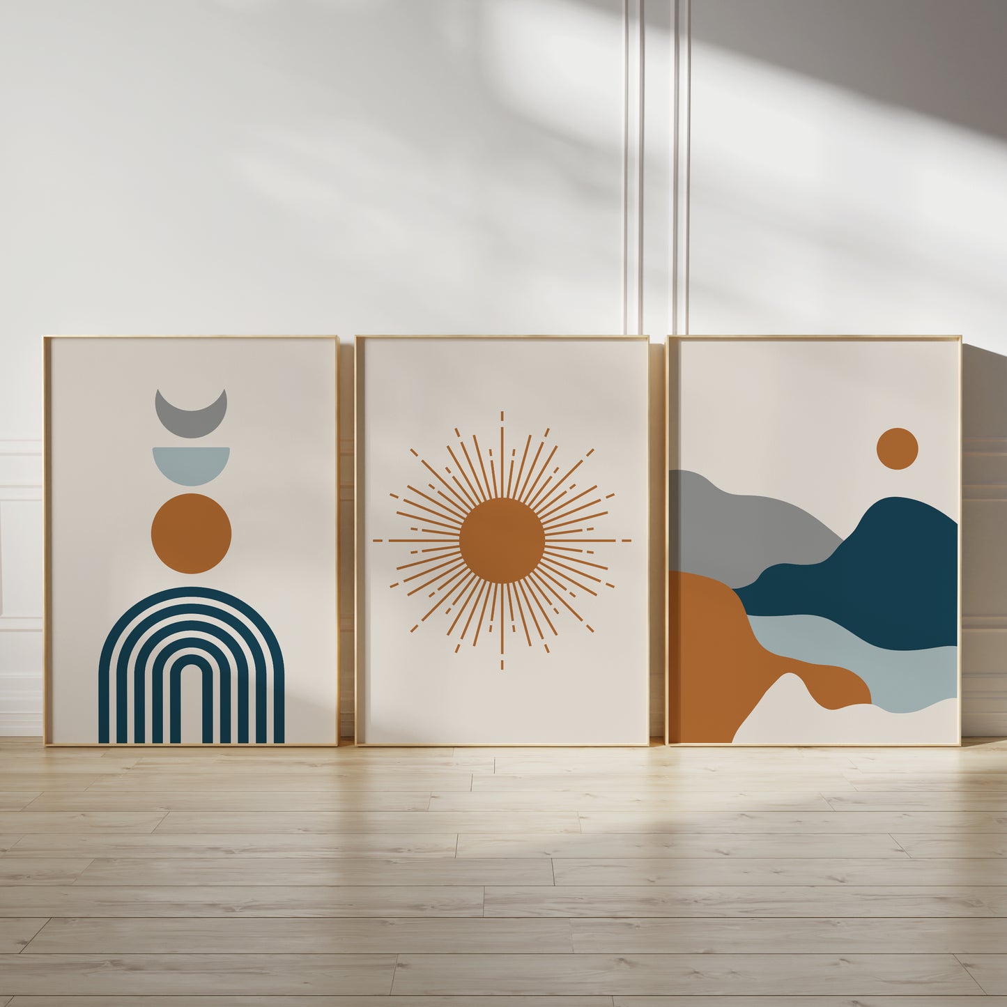Set of 3 Rust Orange & Blue Prints