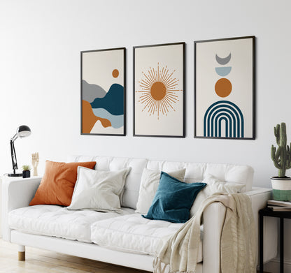 Set of 3 Rust Orange & Blue Prints