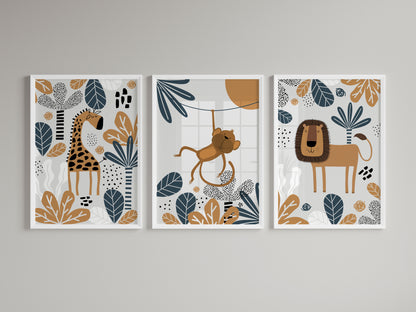 Set of 3 Blue & Grey Safari Nursery Wall Art