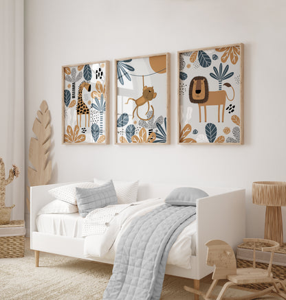 Set of 3 Blue & Grey Safari Nursery Wall Art