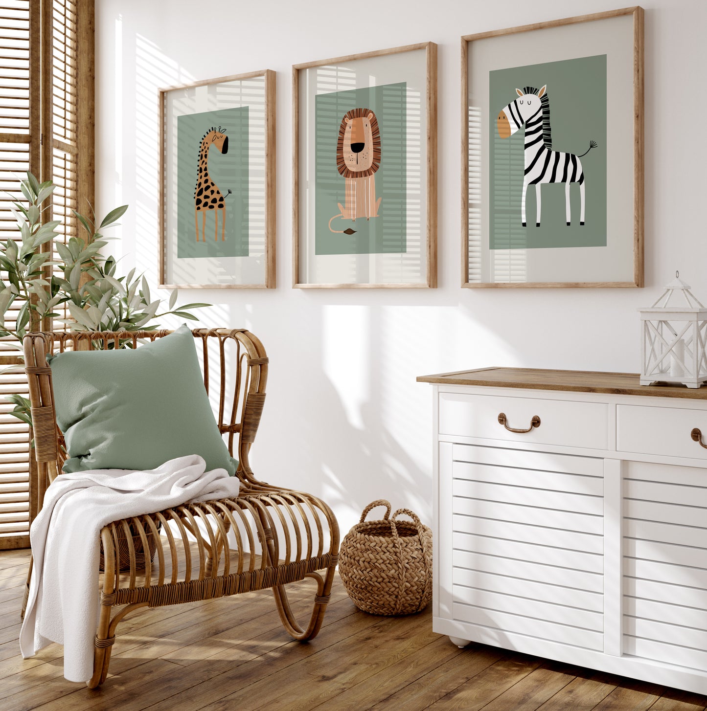 Set of 3 sage green safari animal Nursery Wall Art Prints