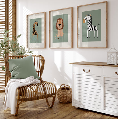 Set of 3 sage green safari animal Nursery Wall Art Prints