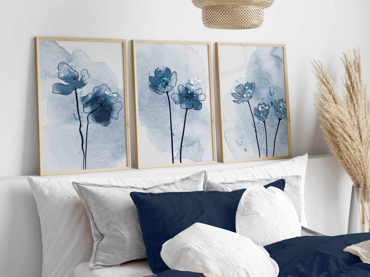 Set of 3 Blue Botanical Abstract Wall Prints