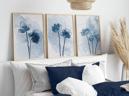 Set of 3 Blue Botanical Abstract Wall Prints