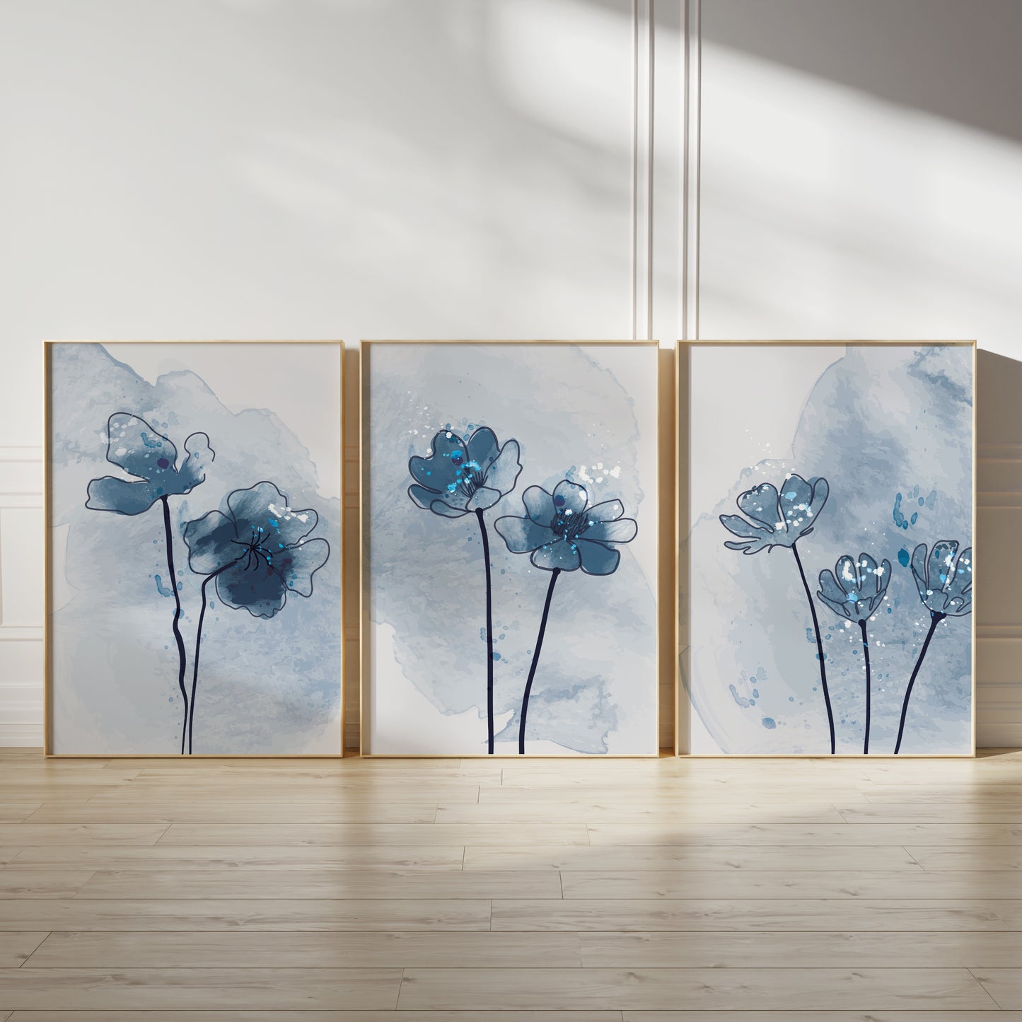 Set of 3 Blue Botanical Abstract Wall Prints