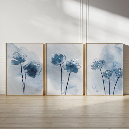 Set of 3 Blue Botanical Abstract Wall Prints