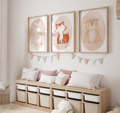 Set of 3 Girls Pink Woodland Nursery Prints
