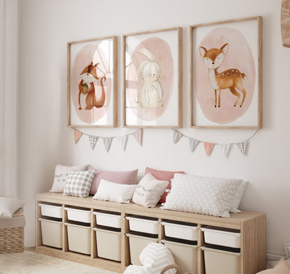 Set of 3 Girls Pink Woodland Nursery Prints