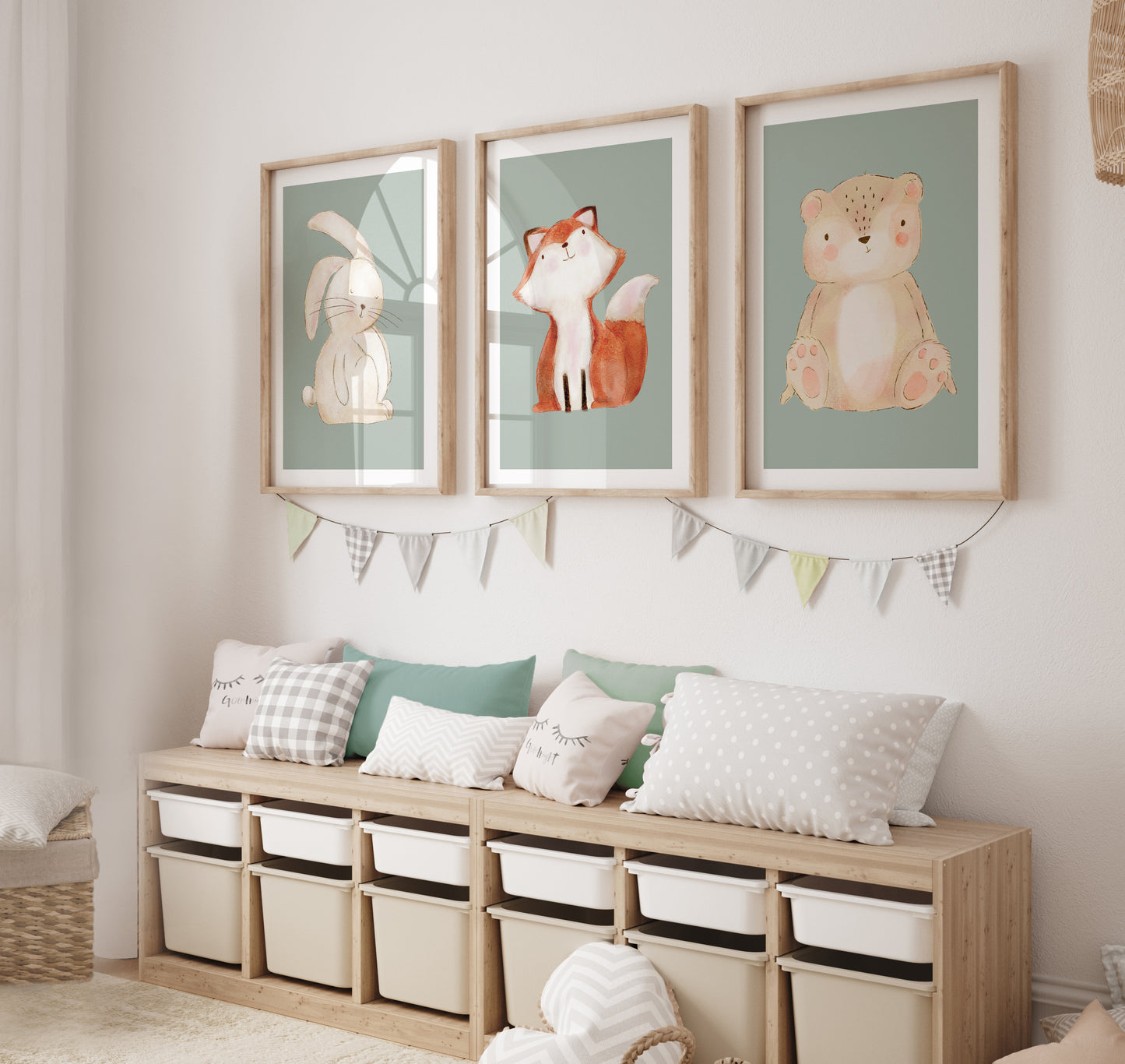 Set of 3 Girls Sage Green Woodland Nursery Prints