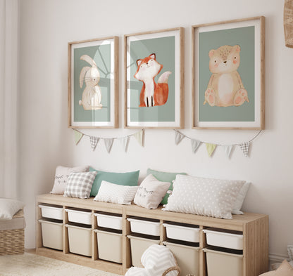 Set of 3 Girls Sage Green Woodland Nursery Prints