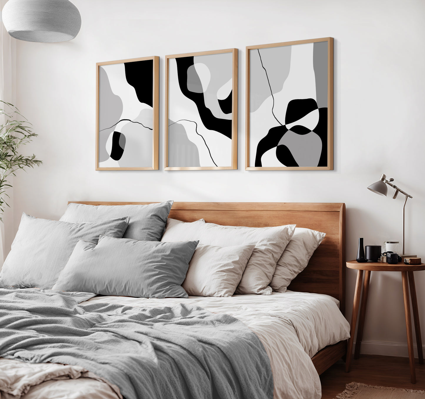 Set of 3 Abstract Wall Art Prints, Black & Grey