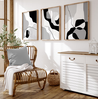 Set of 3 Abstract Wall Art Prints, Black & Grey