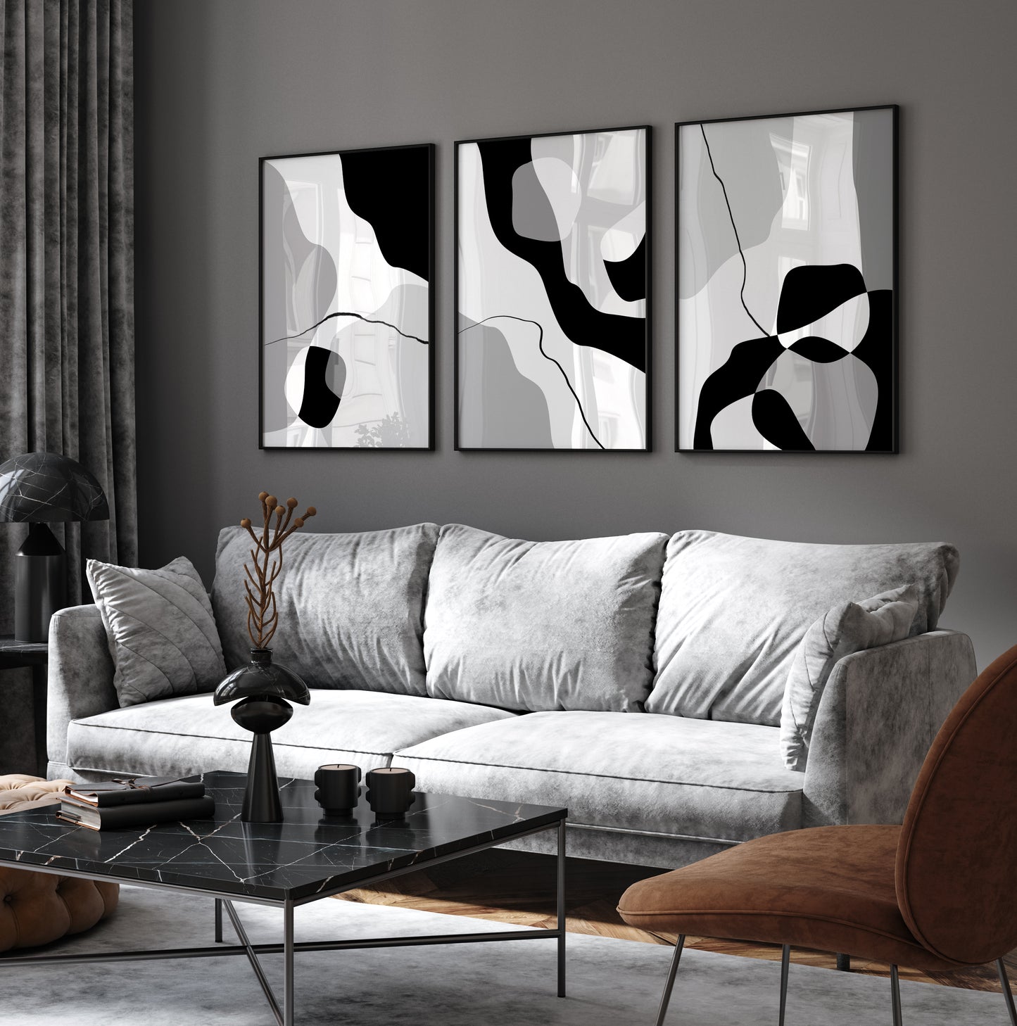 Set of 3 Abstract Wall Art Prints, Black & Grey