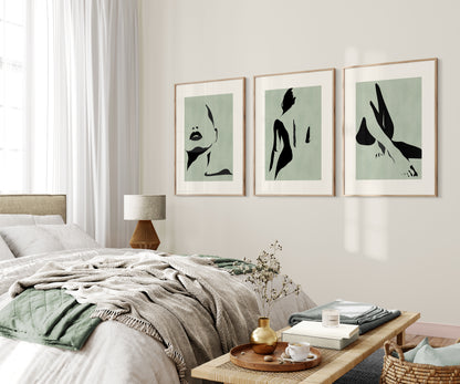 Set of 3 Green Abstract Women Wall Art Prints
