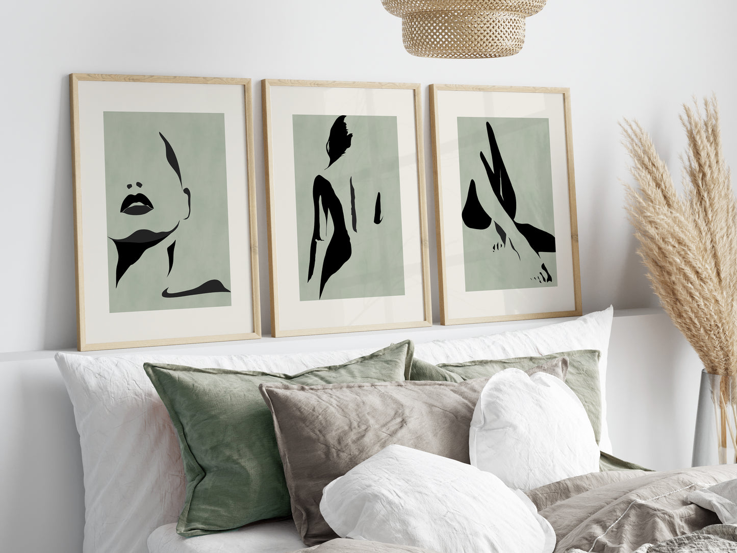 Set of 3 Green Abstract Women Wall Art Prints