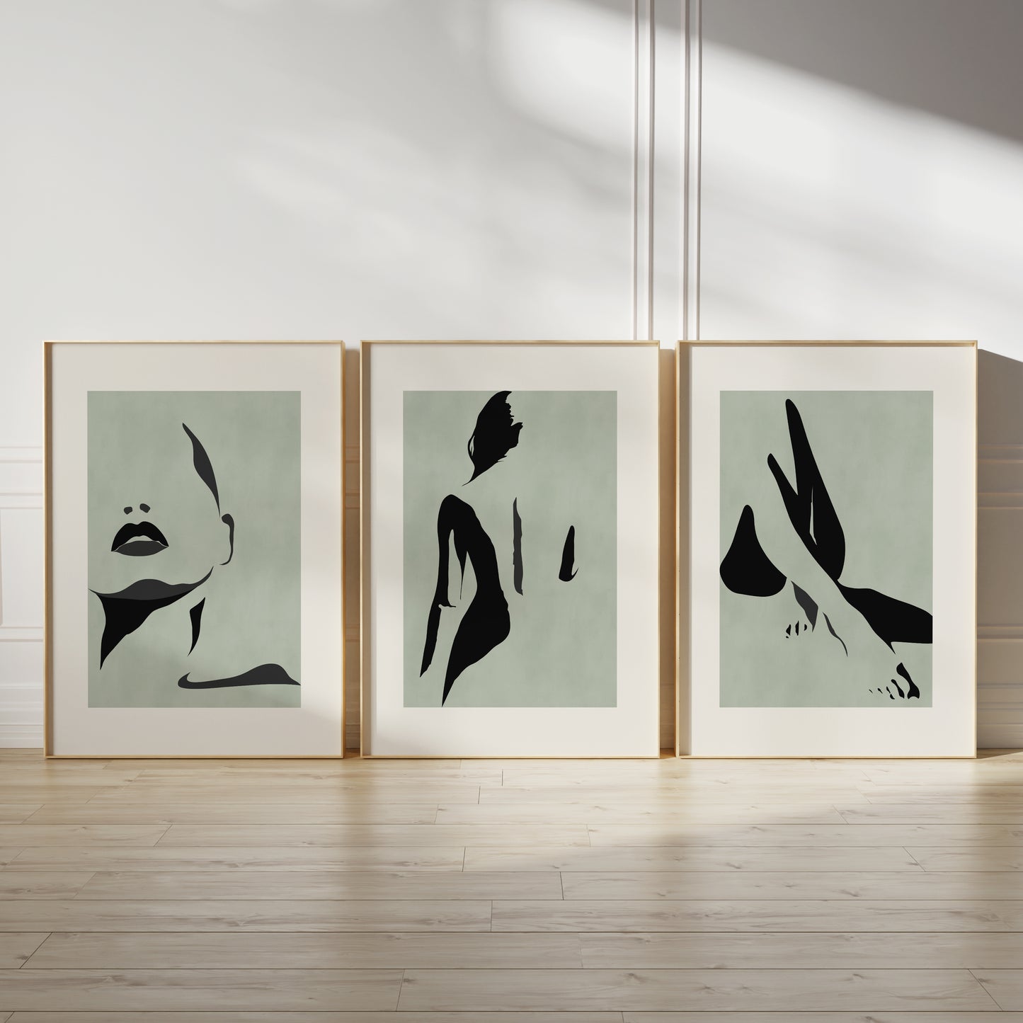 set of 3 sage green and beige abstract women figure wall art prints for your home
