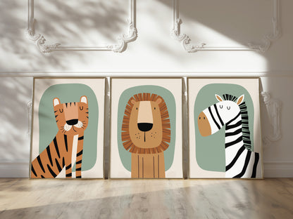 Set of 3 sage green jungle safari Nursery Wall Prints