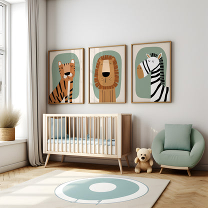 Set of 3 sage green jungle safari Nursery Wall Prints