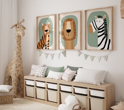 Set of 3 sage green jungle safari Nursery Wall Prints
