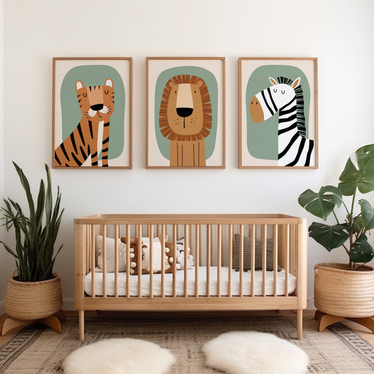 Set of 3 sage green jungle safari Nursery Wall Prints