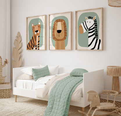 Set of 3 sage green jungle safari Nursery Wall Prints