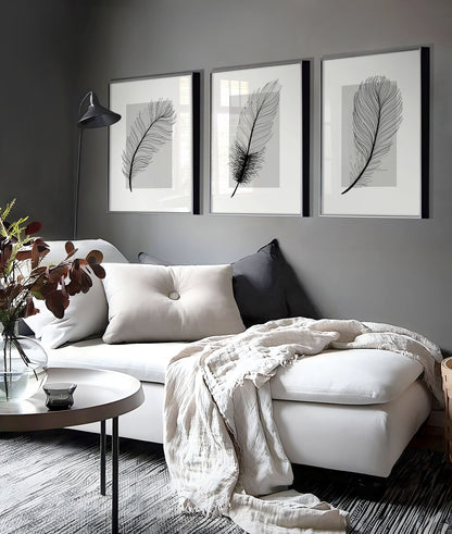 Set of 3 Grey Feather Wall Prints
