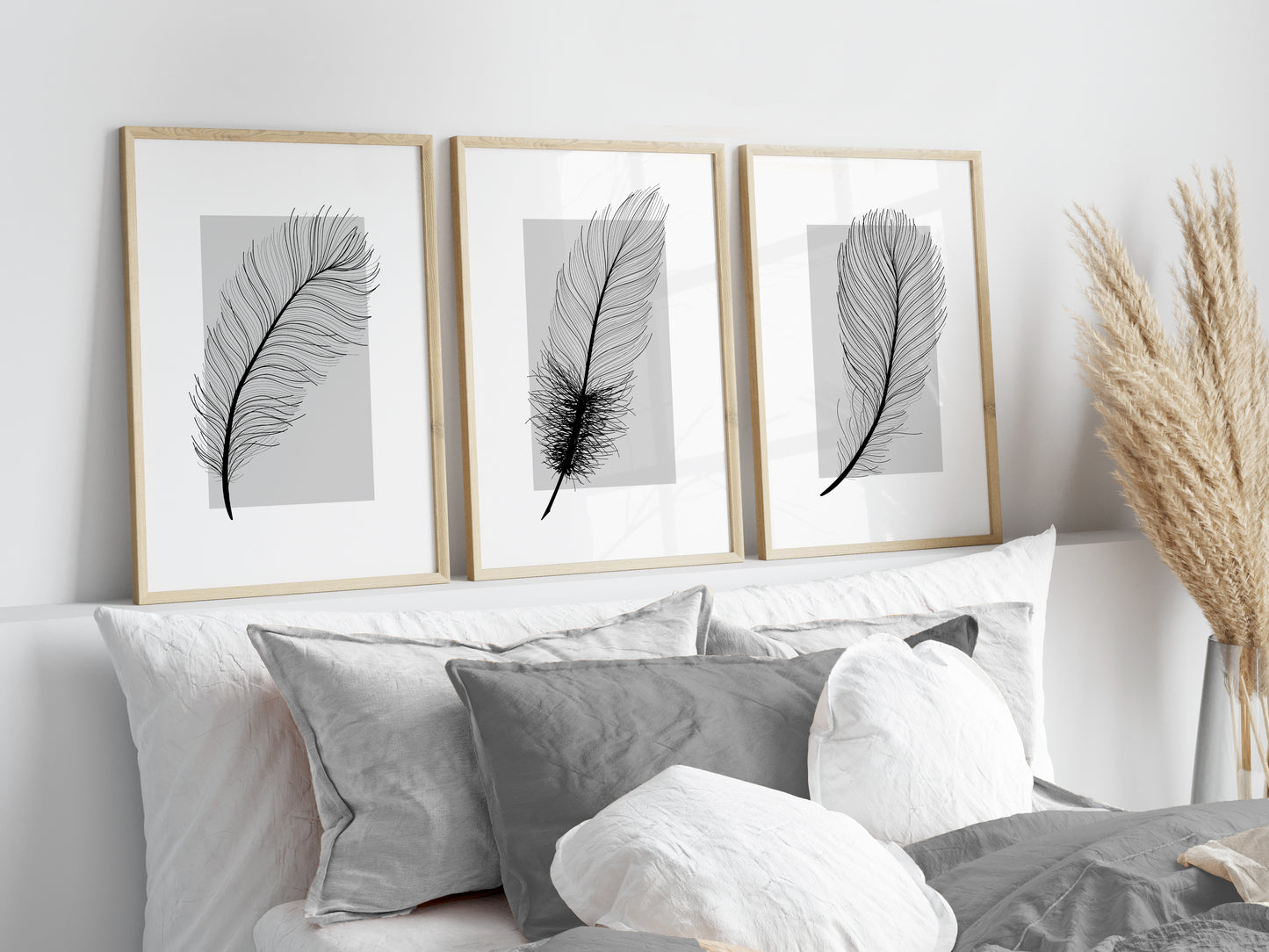 Set of 3 Grey Feather Wall Prints