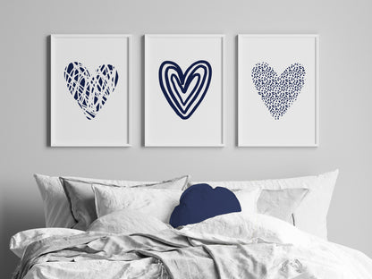 Set of 3 Navy Abstract Love Heart Wall Prints