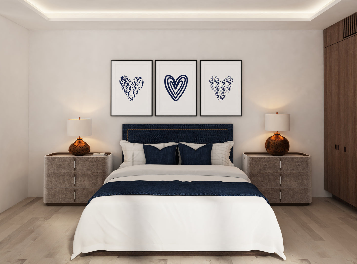 Set of 3 Navy Abstract Love Heart Wall Prints