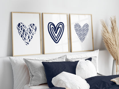Set of 3 Navy Abstract Love Heart Wall Prints