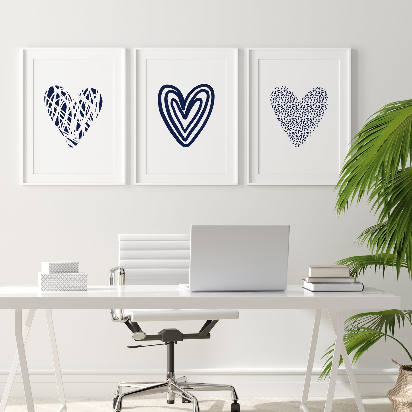 Set of 3 Navy Abstract Love Heart Wall Prints