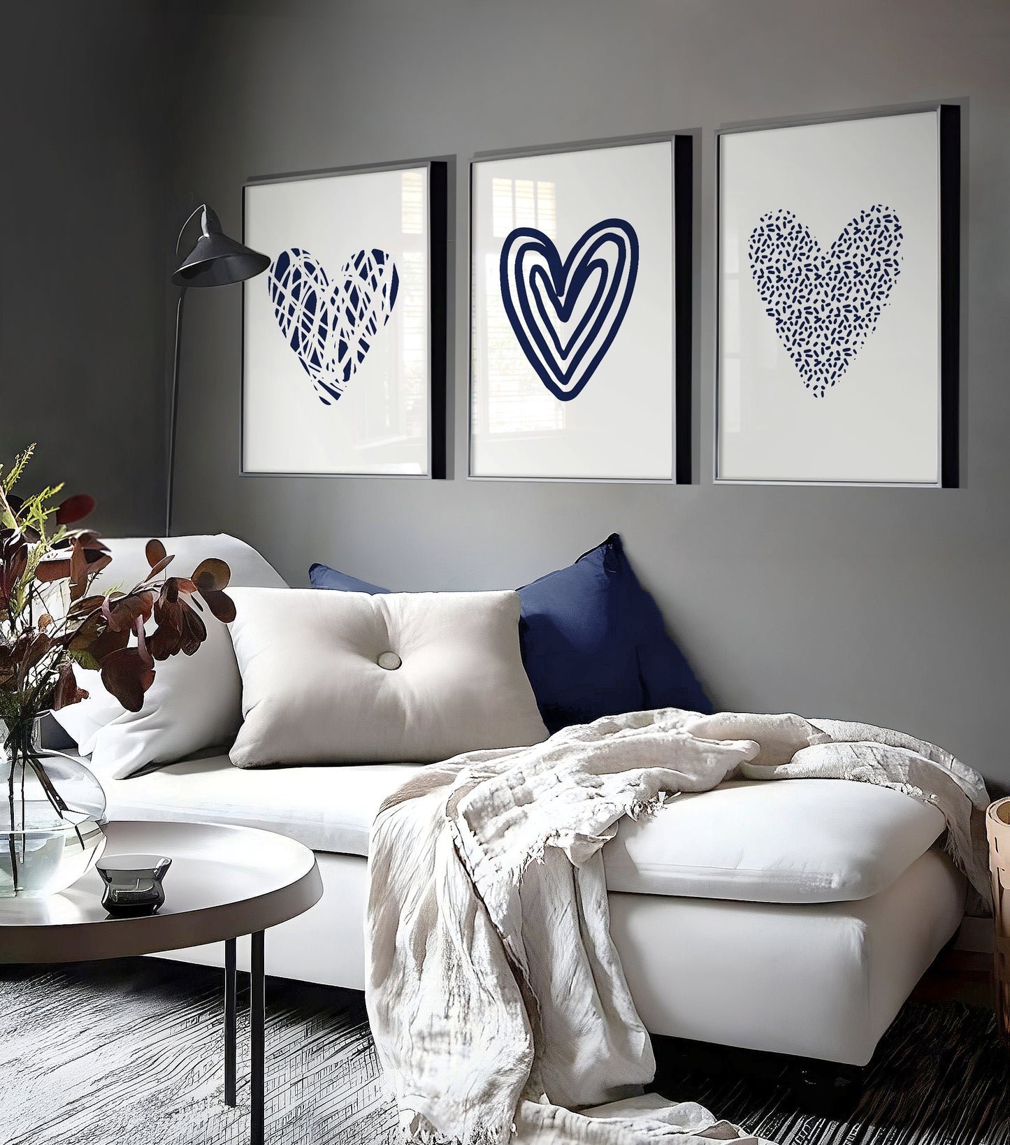 Set of 3 Navy Abstract Love Heart Wall Prints